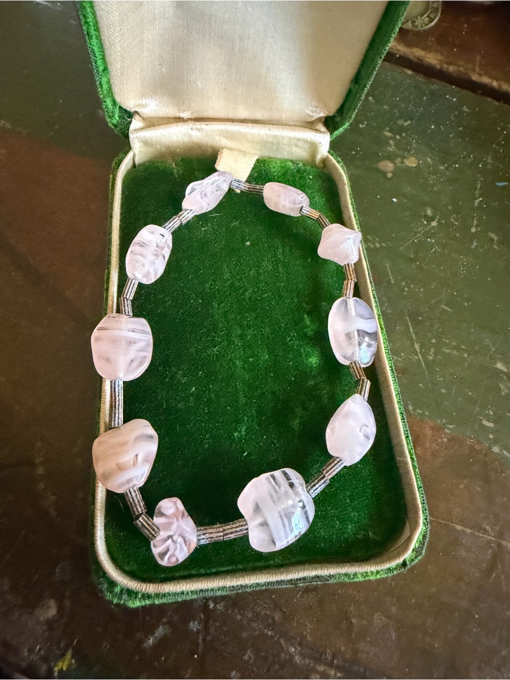 Vintage pink & white givre glass beaded bracelet